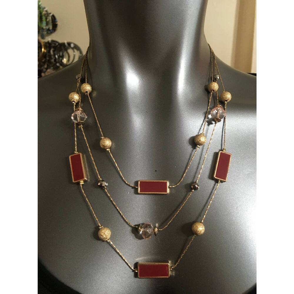 Beautiful NY 20" 3 Strand Necklace, Gold Beads, Light Pink Beads & Maroon Tiles